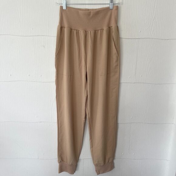 Unbranded Pants - Womens High Waisted Crop Joggers Size M Tan Beige Elastic Waist Pull On Pockets